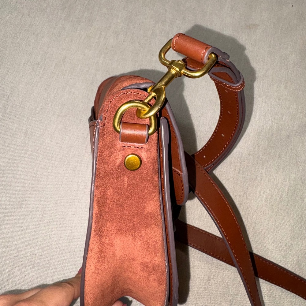 American Leather Co Mahogany Brown Suede Leather Quilted Crossbody Saddle Bag - Picture 10 of 11
